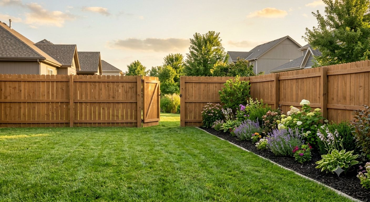 Suburban Kansas City backyard with green lawn and fenced perimeter