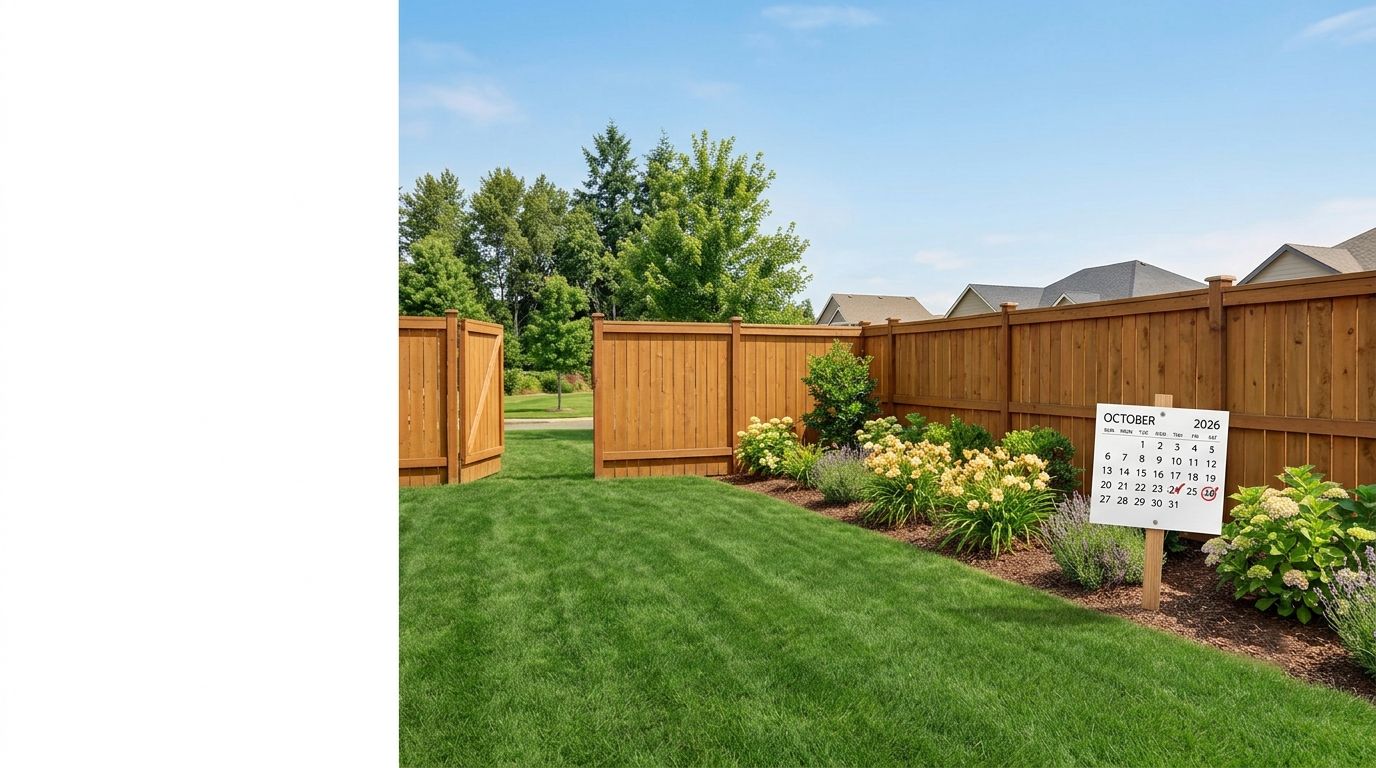 Sunny backyard with neat lawn and a residential gate, suggesting a regular schedule
